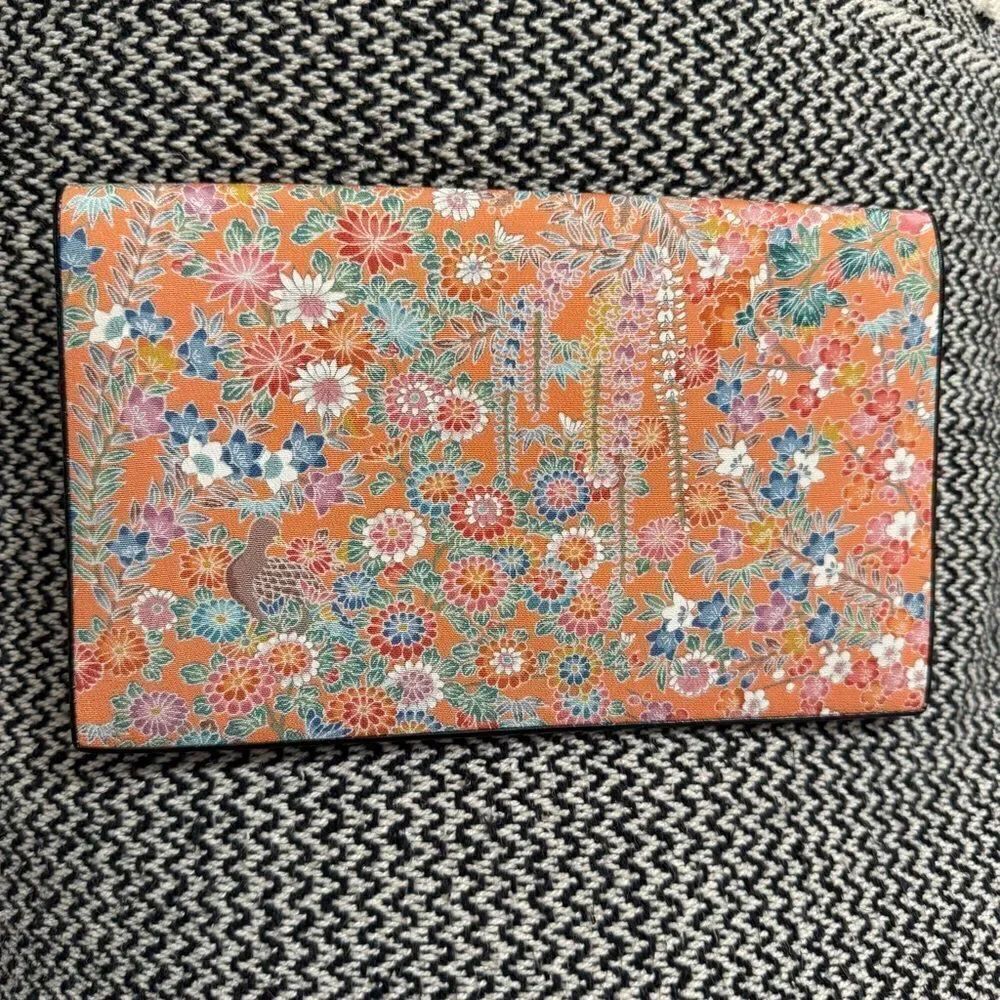 Japanese Silk & Leather Portfolio Clutch Wallet w/Kiss-lock Coin Pocket